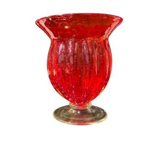 Vintage Amici Red Orange Seed Glass Bubble Pedestal Vase